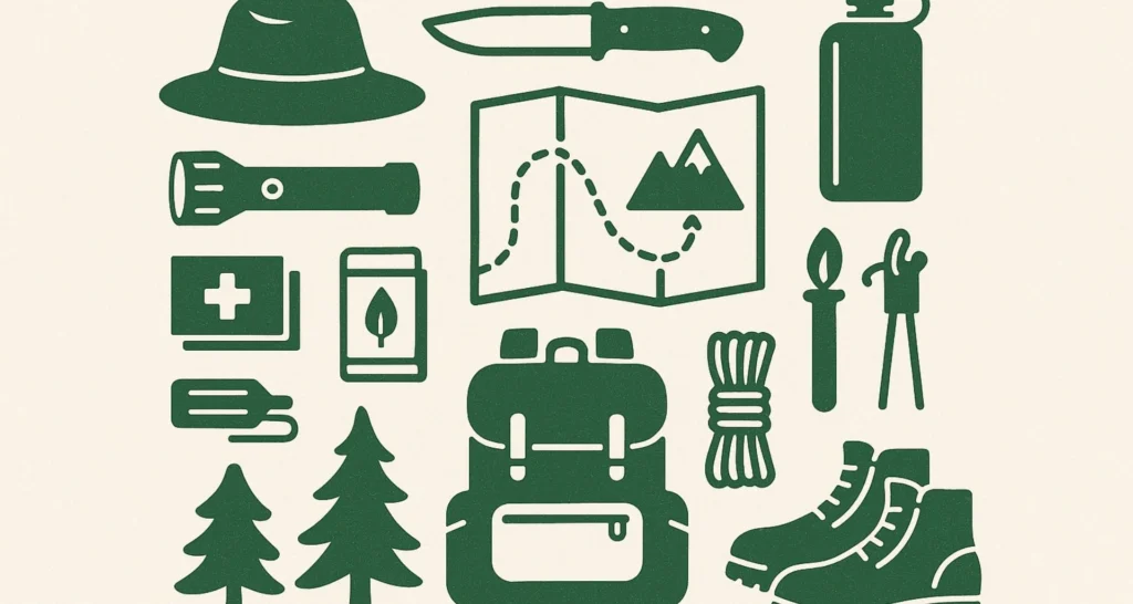 Top-down illustration of ten essential camping and hiking items neatly arranged on a flat surface