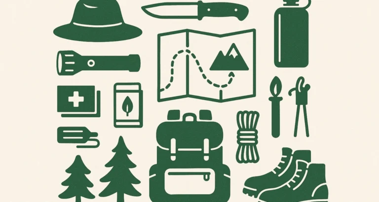 Top-down illustration of ten essential camping and hiking items neatly arranged on a flat surface