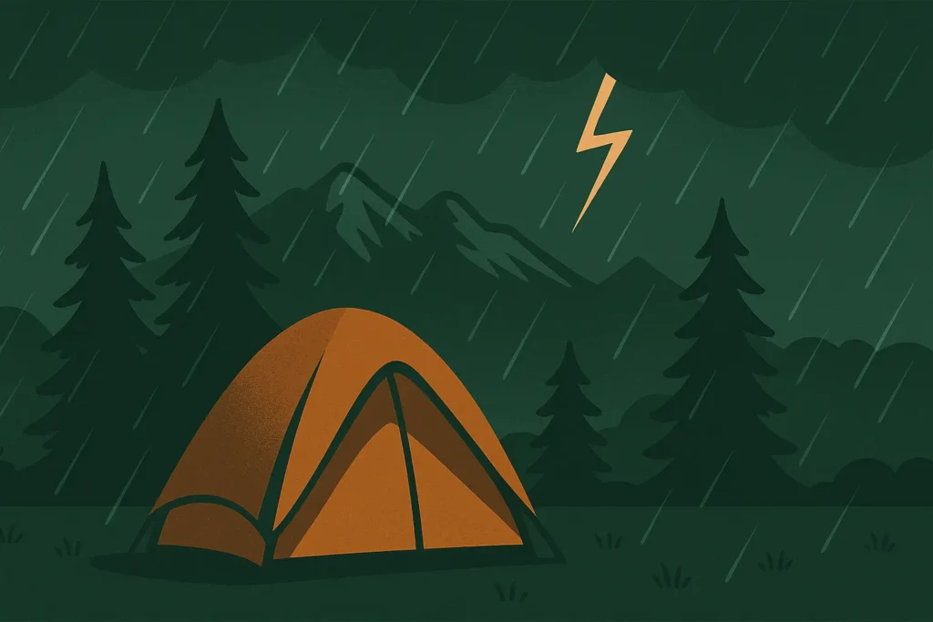 Illustration of a tent set up at a campsite during stormy weather with wind and rain, showing a realistic bad weather camping scene.