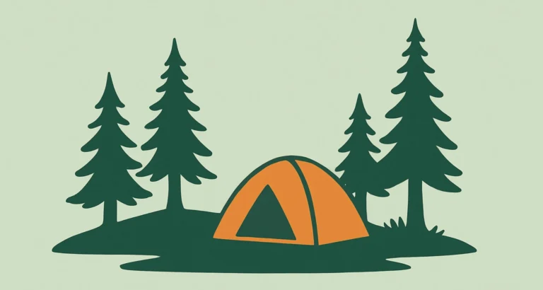 Illustration of an orange 6-person tent at a forest campsite with pine trees