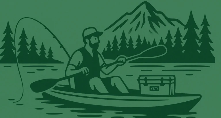 Illustration of a man fishing from a kayak on a lake with pine trees and mountains in the background