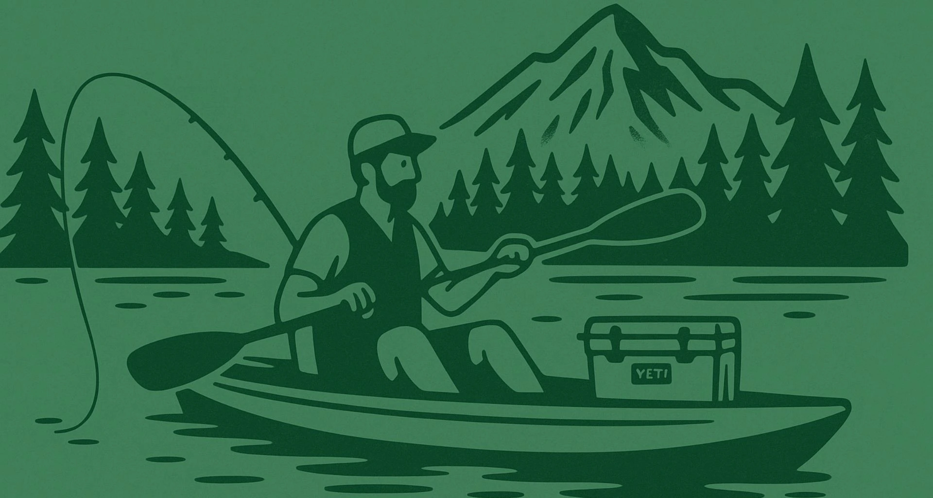 Illustration of a man fishing from a kayak on a lake with pine trees and mountains in the background