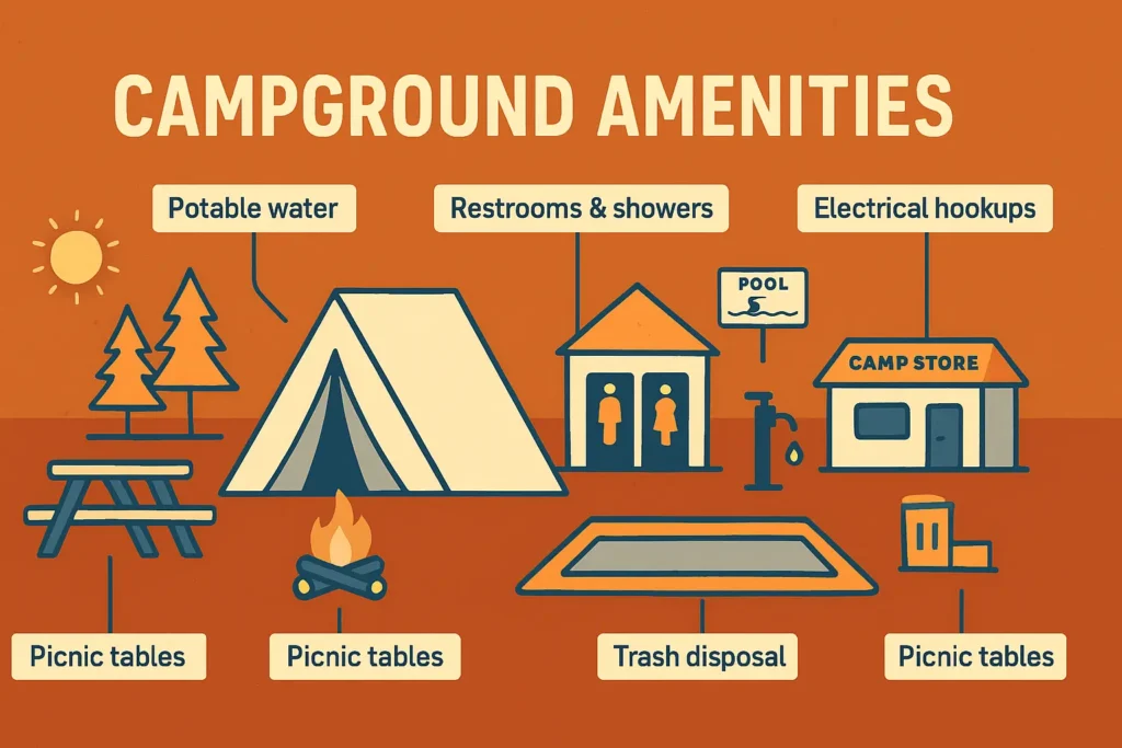 Illustration showing family campground amenities including showers, restrooms, picnic areas, and a camp store