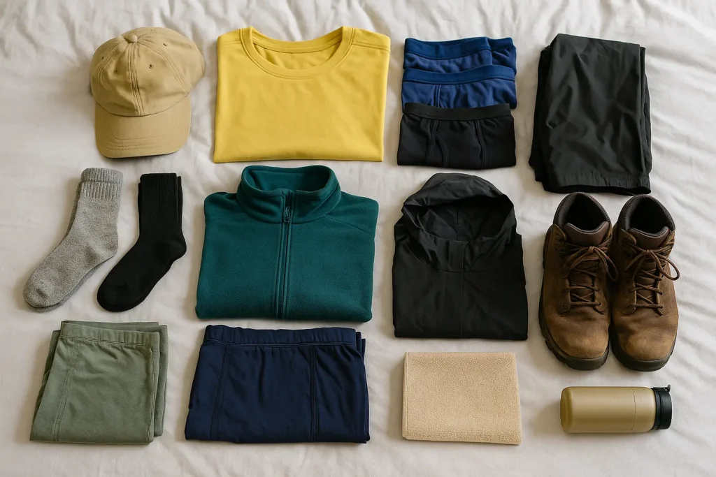 Photo of essential camping clothing and gear laid out on a bed, including hiking boots, base layers, socks, jacket, and toiletries.