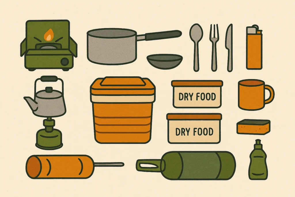 Illustration of essential camping cooking gear including a stove, cooler, utensils, dry food containers, lighter, and dishwashing supplies.