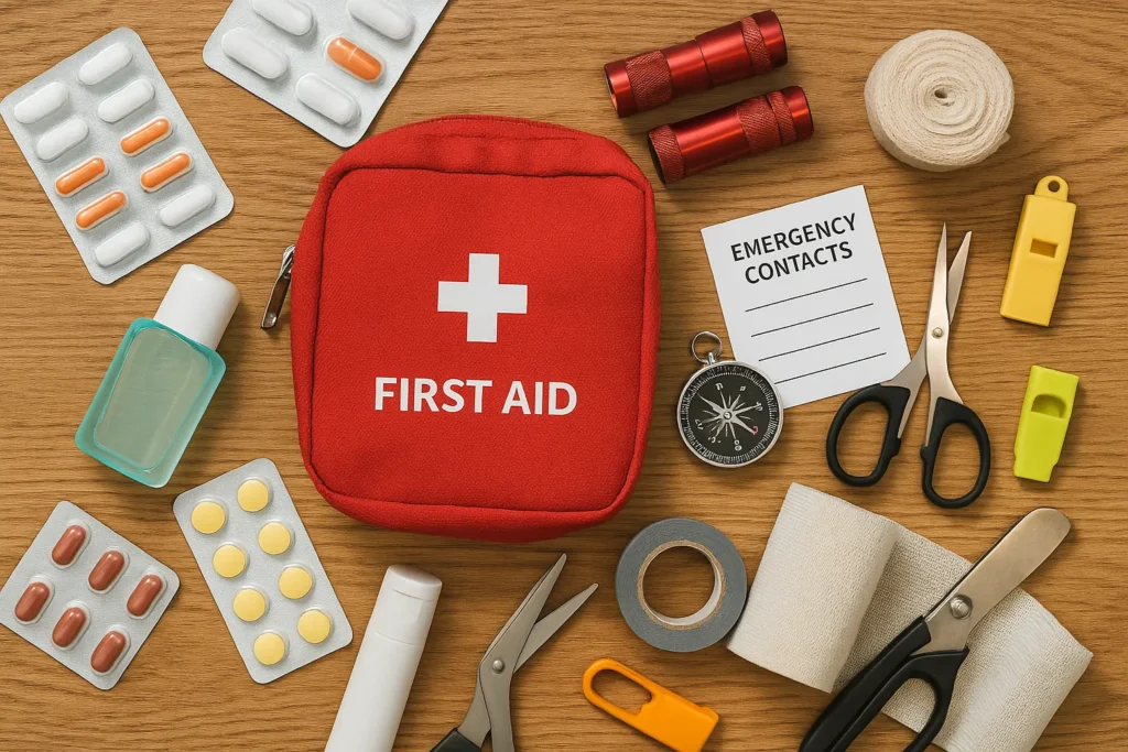 Photo of a camping first aid kit and emergency supplies including medications, flashlight, compass, whistle, scissors, and duct tape.