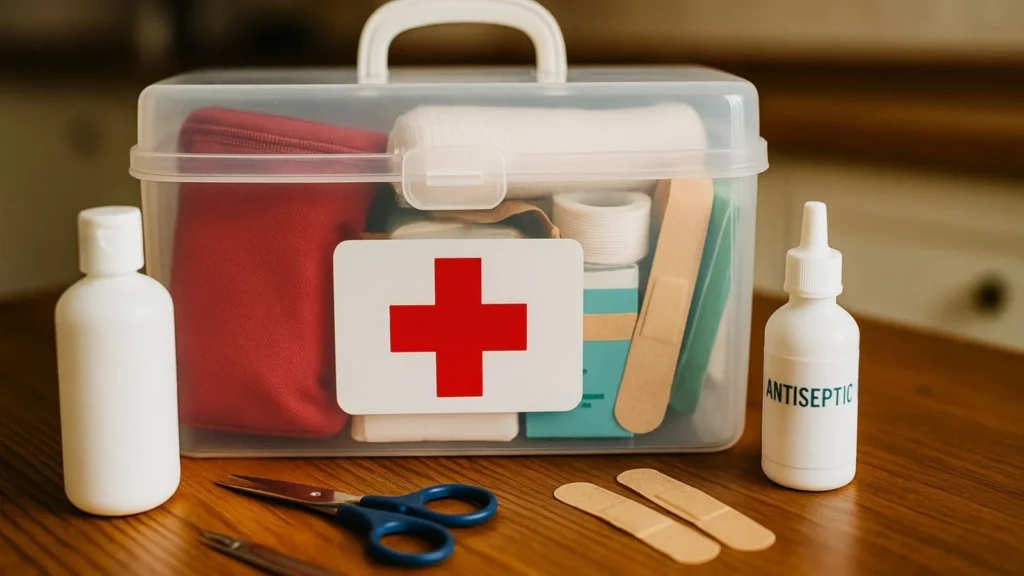 Illustration of a camping first aid kit with essential emergency supplies for safe outdoor trips.