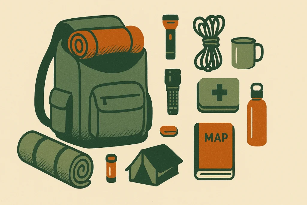 Illustration of essential camping gear including backpack, sleeping pad, flashlight, map, first aid kit, rope, mug, and tent.
