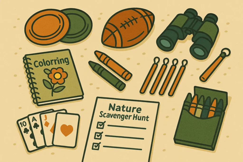 Illustration of camping activity items for kids including a football, frisbees, binoculars, playing cards, crayons, glow sticks, and a scavenger hunt sheet.