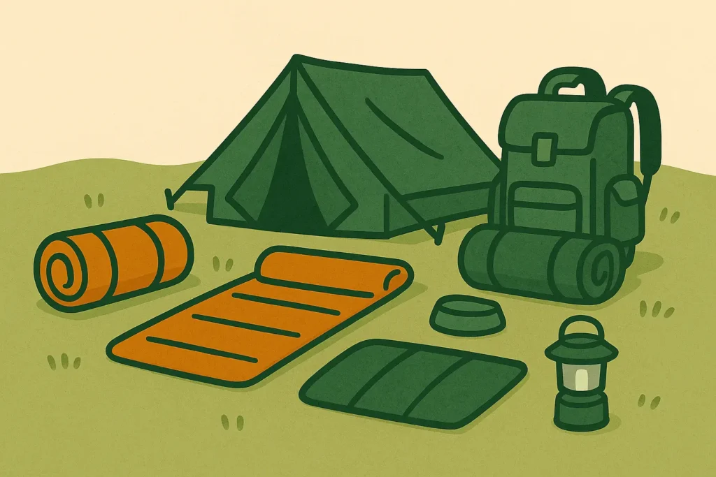 Illustration of essential camping shelter and sleep gear including a tent, sleeping bags, pads, lantern, and backpack.