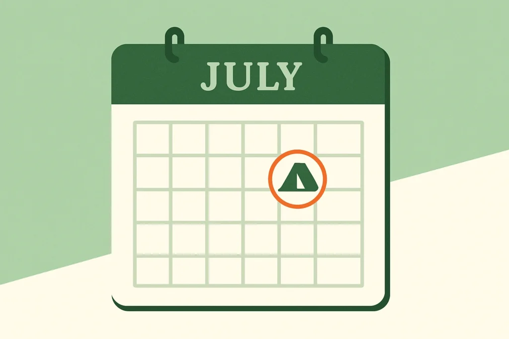 Illustration of a calendar marked with a tent icon in July to represent a reserved family camping trip.