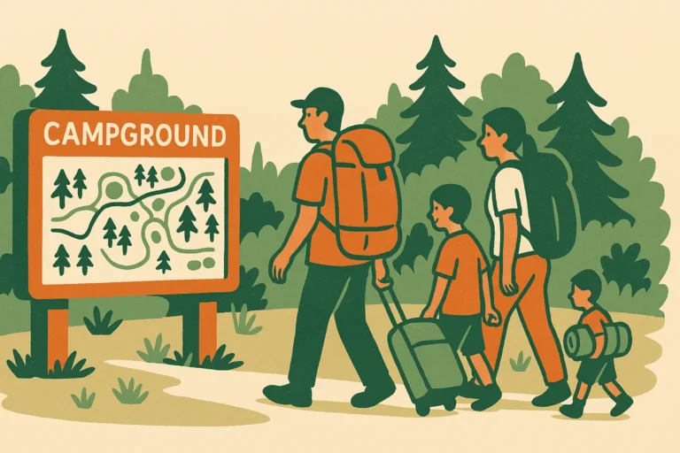 Family walking through a campground while scouting campsites with a map