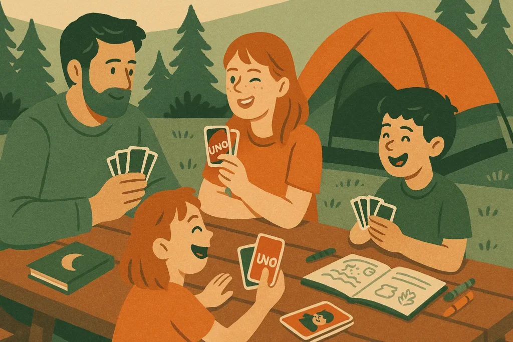 Illustration of a family sitting at a campsite playing a card game together as a fun camping activity to beat boredom.