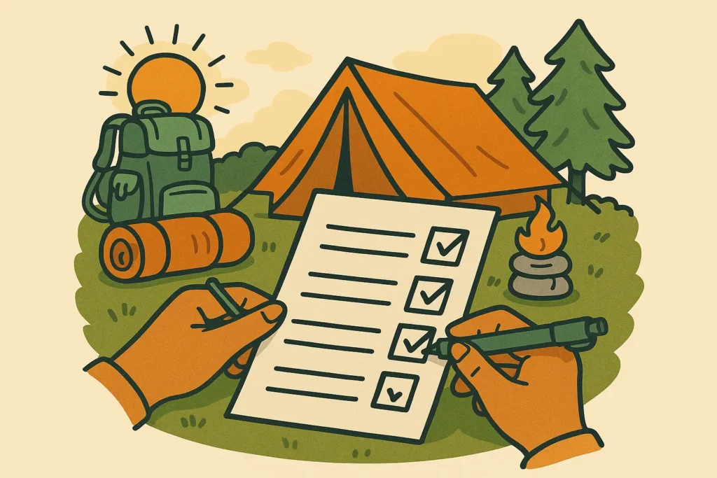 Illustration of a family camping checklist being filled out with a tent, backpack, and sleeping bag at a campsite.
