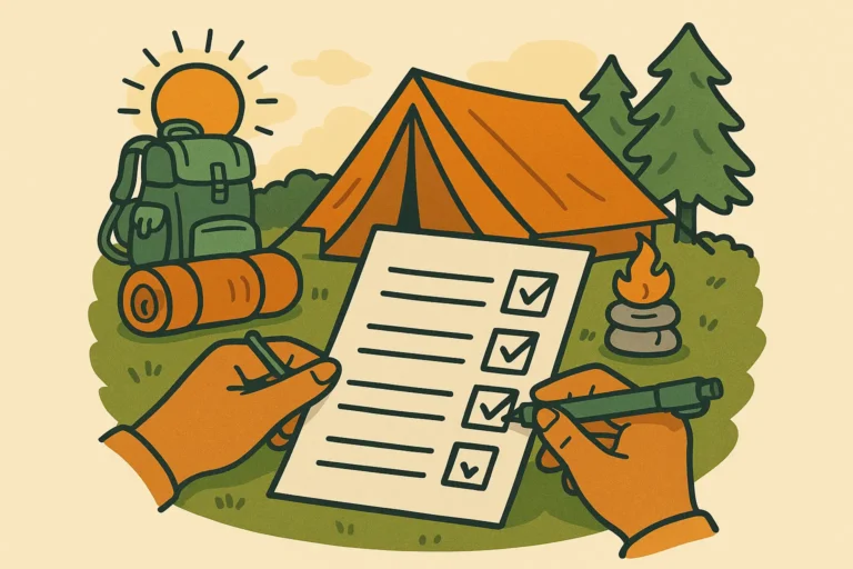 Illustration of a family camping checklist being filled out with a tent, backpack, and sleeping bag at a campsite.