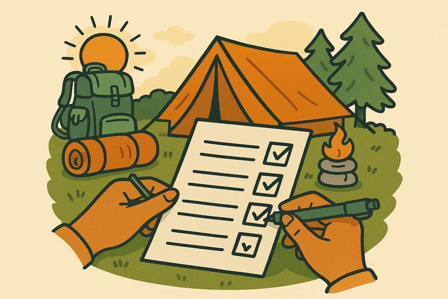 Illustration of a family camping checklist being filled out with a tent, backpack, and sleeping bag at a campsite.