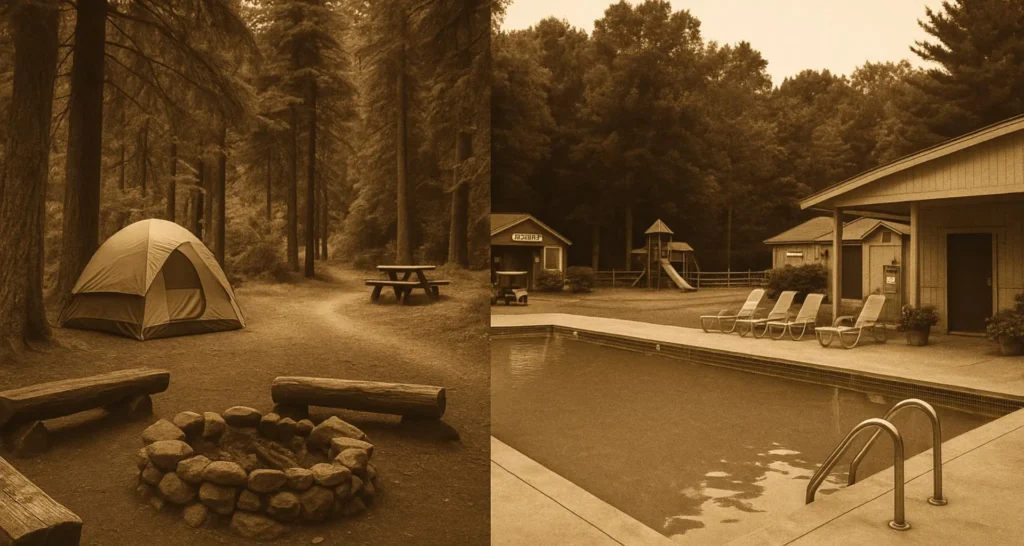 Side-by-side comparison of a rustic public campground and a developed private campground with modern amenities