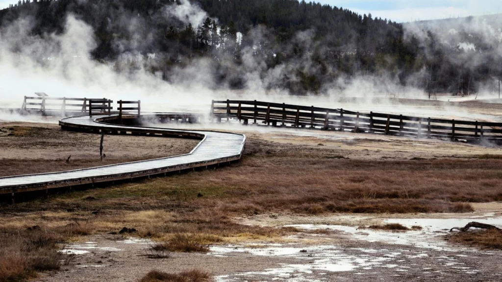 Photo of wooden walkways winding through steaming geysers at Yellowstone National Park.