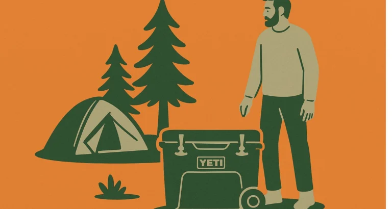 Illustration of a bearded man at a campsite with a Yeti-style rotomolded cooler