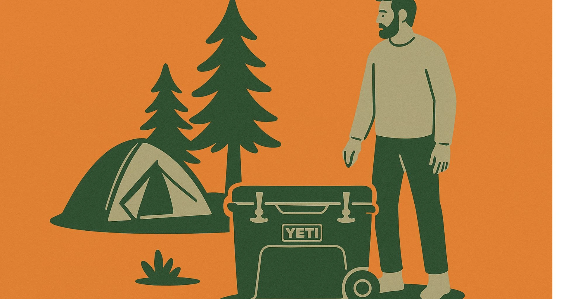 Illustration of a bearded man at a campsite with a Yeti-style rotomolded cooler