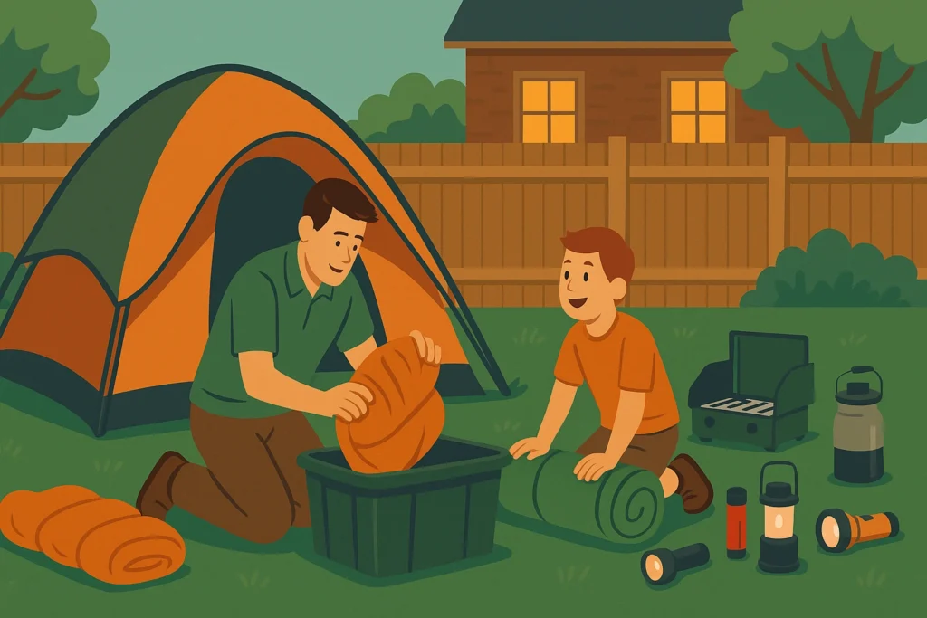 A father and son prepare for a backyard camping trip by unpacking sleeping bags and camping gear next to a tent. Flashlights, a camp stove, and lanterns are scattered on the grass, with a house and wooden fence in the background.
