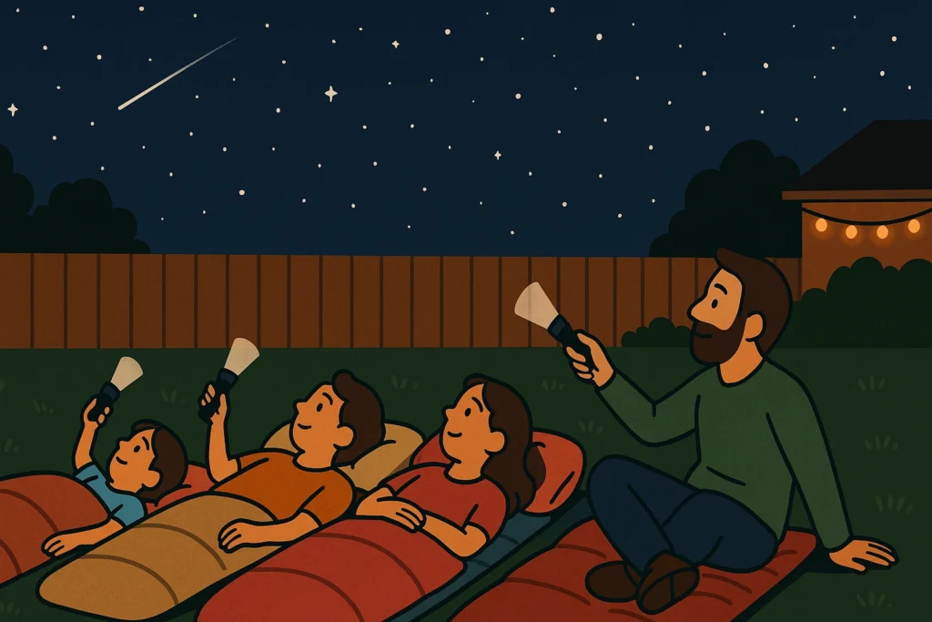 A father and three children lie on sleeping bags in their backyard at night, using flashlights and looking up at a star-filled sky with a shooting star. A wooden fence and house with string lights set the cozy outdoor scene.