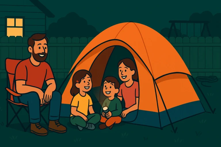 A father and three children enjoy backyard camping at night with an orange tent, camp chair, and a wooden fence in the background, creating a cozy outdoor family experience close to home.